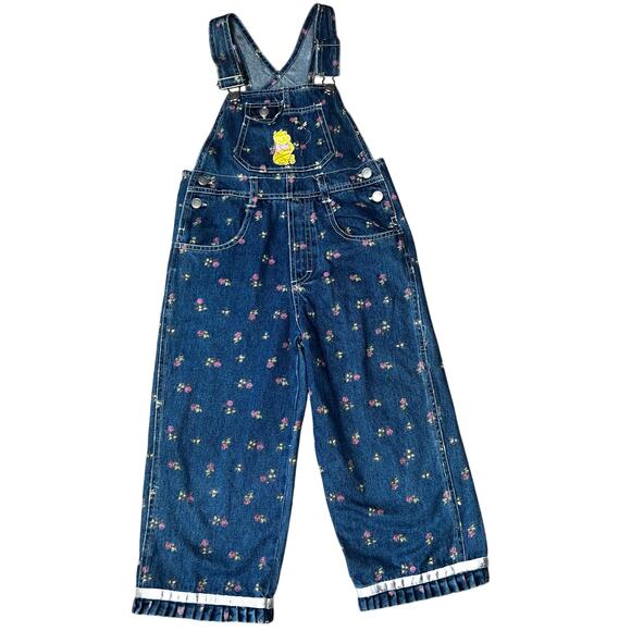 Vintage Disney's Winnie the Pooh bear embroidered denim overalls floral size 7/8 - Picture 1 of 8